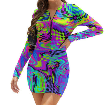 plus size rave dress, long sleeve, 1/4 zip, wavy psychedelic pattern, purple green pink blue, mini dress, bodycon, slim fit sizes xs to 5XL - cosplay moon