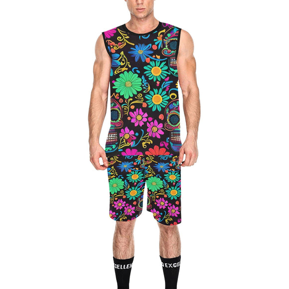 mens two-piece outfit, basketball set for raves and festivals, skull pattern, shorts and sleeveless crew neck shirt sizes small to 5XL - cosplay moon