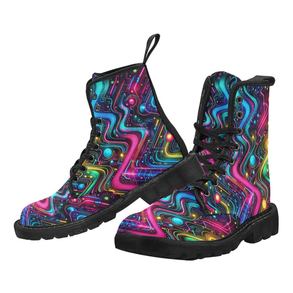 Vibrant Neon Pulse Men's Canvas Rave Boots featuring a bold, electrifying design with high-quality canvas and black rubber soles for ultimate comfort and slip resistance, ideal for any rave enthusiast looking to make a statement at festivals, available exclusively at Prism Raves.