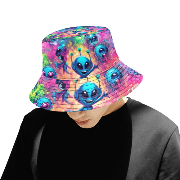 Groove Fest Rave Unisex Bucket Hat available on Prism Raves. This 100% polyester hat features a soft, comfortable fit with a stylish design suitable for both men and women. The hat showcases unique psychedelic patterns and alien-inspired motifs, perfect for rave enthusiasts and festival-goers. It includes a brim of 2.76 inches and a cap height of 3.54 inches, designed to offer both sun protection and a fashionable statement.