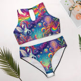 Rainbow Rider Two Piece Rave Swimsuit featuring a colorful tie-dye triangle bikini top with adjustable halter ties and padded bra, paired with matching moderate coverage swim briefs, ideal for raves and beach festivals.