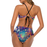 Rainbow Rider Two Piece Rave Swimsuit featuring a colorful tie-dye triangle bikini top with adjustable halter ties and padded bra, paired with matching moderate coverage swim briefs, ideal for raves and beach festivals.