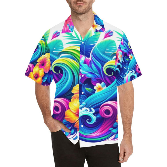 Eye-catching Neon Tropic Hawaiian shirt in brilliant shades of blue, adorned with a vivid and colorful Palaka-inspired pattern. The shirt embodies the Aloha spirit, making it an ideal choice for ravers and festival-goers. Its tropical and playful design is perfect for standing out at any EDM event or Pride celebration, bringing a piece of paradise to the dance floor.