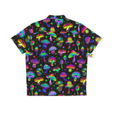 men's rave shirt, hawaiian shirts for men, black with mushroom pattern in vibrant colors, Fungi Dreamscape Hawaiian Shirt - Cosplay Moon