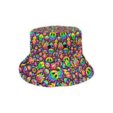 neon trip rave bucket for men and women, melting smileys in neon colors with mushrooms and peace signs - cosplay moon