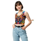 Skull Light Fantasia Rave Crop Top, available in xs to xl sizes,scoop neck, skulls with colorful pattern, matching yoga shorts available featuring a sleeveless, scoop-neck design with a vibrant goth skull pattern, perfect for ravers seeking a standout look.