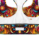 Skull Light Fantasia Rave Longline Sports Bra, available in xs to 3xl, showcasing an intricate and vibrant skull and fantasy pattern, ideal for adding a bold and creative touch to both gym and rave attire.