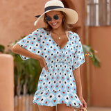 blue and white checkered wonderland style pattern swim cover up with bat wing loose short sleeves, elastic waist, loose fit skirt and ruffle hem, comes in sizes extra small to 2 XL, matching bikini and bucket hat also available 95% polyester+5% spandex Women's/Female Swimsuit cover-up Ruffled hem Lightweight V-Neck Wonderland Swimsuit Cover-Up Ruffled - Cosplay Moon