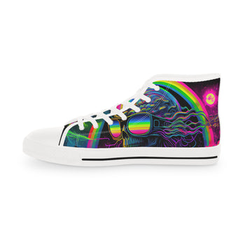 cool alien mens rave or festival shoe or for leg day at the gym, has an alien wearing rainbow sunglasses with a vivid interstellar background, comes in sizes 7 to 14, lace-up, canvas - cosplay moon