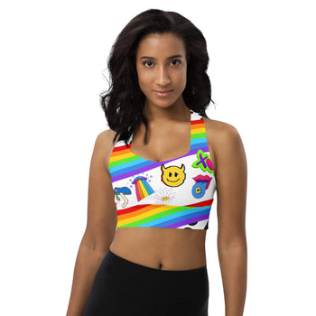 trippy rave sports bra, longline, wide shoulder straps, compression fabric, white with a rainbow pattern, cow print, and trippy logos, for women sizes xs to XL - cosplay moon