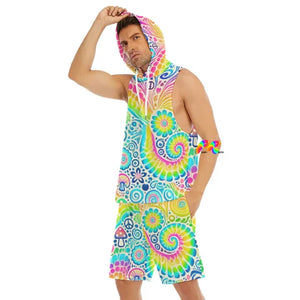 Ultimate Rave Outfits for Guys: Garden Men's Tie Dye Rave Hooded Shorts Set