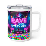 Rave with Every Cup Insulated Coffee Mug, 10oz - A perfect gift for ravers, this stainless steel coffee mug features a vibrant, rave-inspired design with colorful patterns and includes a lid for easy sipping. Ideal for keeping beverages hot or cold, it adds a touch of festival flair to everyday routines, making it an excellent choice for rave enthusiasts