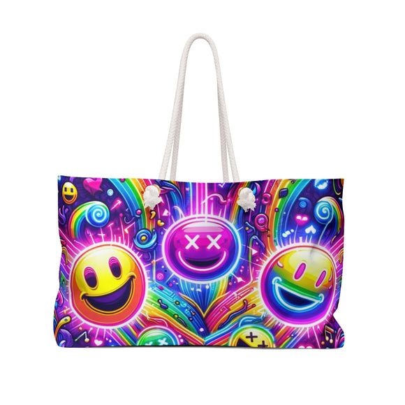 Prism Raves' Colorful Neon Joy Rave Weekender Bag, featuring a spacious, wide-mouthed design with sturdy rope handles, ideal for carrying all festival essentials. Made from durable spun polyester with a chic cream lining, perfect for any rave enthusiast.