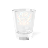 Colorful 1.5oz shot glass featuring a vibrant, abstract design that represents the energy and rhythm of sound, ideal for music lovers, festival goers, and rave gifts.