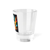 Colorful 1.5oz shot glass featuring a vibrant, abstract design that represents the energy and rhythm of sound, ideal for music lovers, festival goers, and rave gifts.