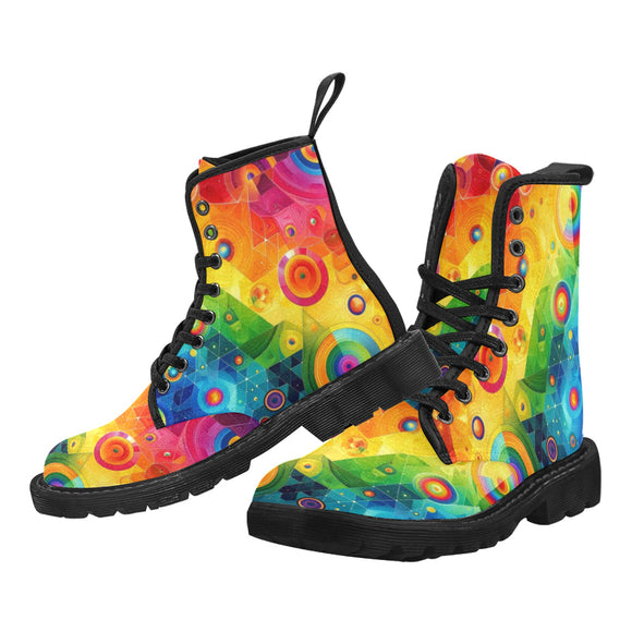 Pride Fusion Men's Lace-Up Canvas Boots featuring all-over rainbow print, robust black rubber sole, and stylish lace-up design, perfect for rave enthusiasts and everyday fashion