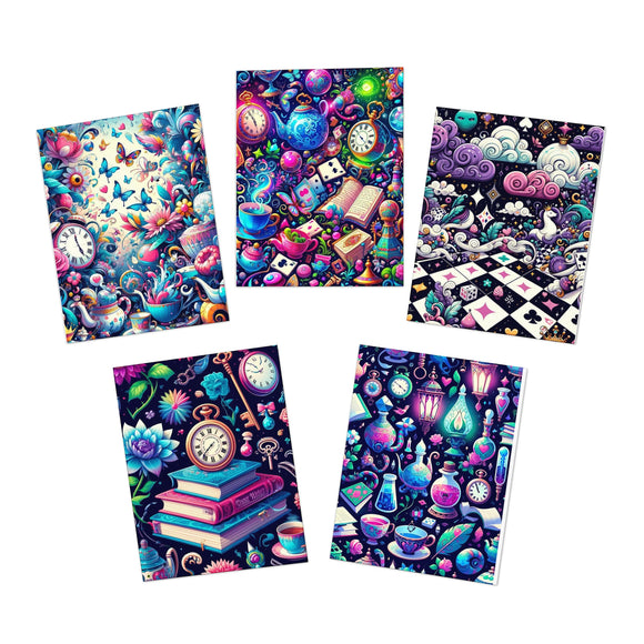 A whimsical five-pack of Wonder Whims Encouraging Greeting Cards, each adorned with unique, Alice in Wonderland-style vibrant designs. Ideal for spreading magical cheer and heartfelt encouragement to friends, family, and fellow festival-goers.
