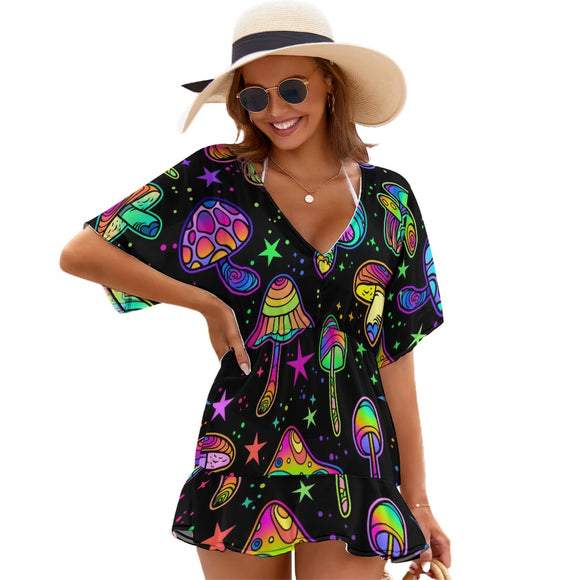 Mystical Fungi Dreamscape Swim Cover-Up, perfect for beach or pool, available in multiple sizes with matching swimsuit, shoes, bags, and hat featuring enchanting mushroom designs on flowy chiffon fabric, ideal for rave and festival ensembles, available at Prism Raves.