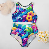 Vibrant Neon Tropic High Waist Racerback Two-Piece Swimsuit with Colorful Bold Patterns, Perfect for Rave Festivals and Hawaiian Beach Parties – Prism Raves
