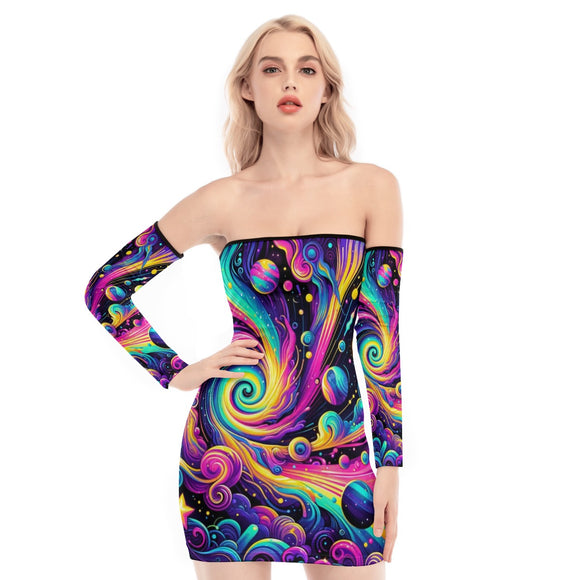 Vibrant Cosmic Dance women's off-shoulder back lace-up dress with flowing arm sleeves, designed for rave enthusiasts and festival goers, offering a stylish and unique look for EDM events and dance festivals.