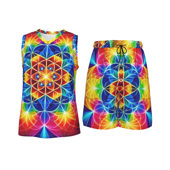 Vibrant Prism Petals men's rave basketball shorts set featuring a colorful, regular fit v-neck jersey and breathable polyester shorts. Perfect for festival goers and sports enthusiasts looking for stylish, durable, and comfortable rave-ready sports gear.