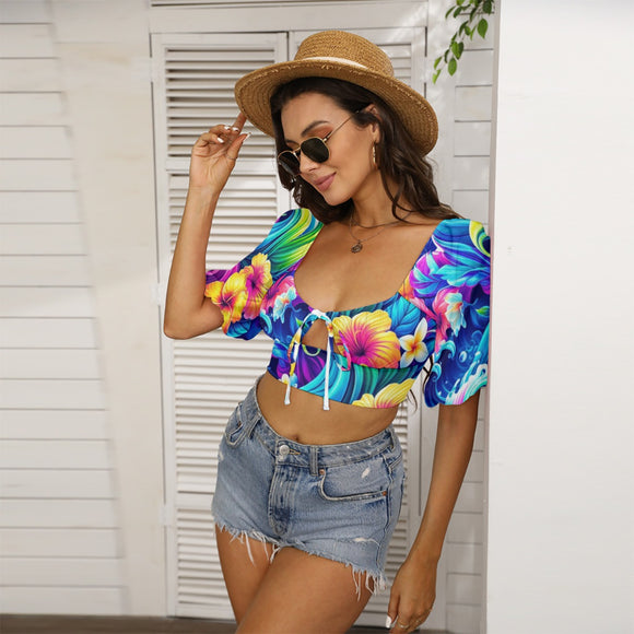 Neon Tropic Cropped Top with Puff Sleeve featuring vibrant tropical print, perfect for festival fashion and rave parties. This bright neon cropped shirt for women combines eye-catching style with comfort, ideal for summer festivals and tropical themed parties.