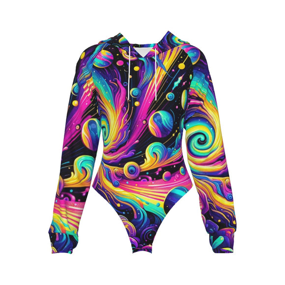 Cosmic Dance Women's Raglan Sleeve Hooded Rave Bodysuit, featuring a sleek skinny fit and comfortable microfiber fabric, ideal for festival fashion and rave outfits. This stylish hooded catsuit with dynamic raglan sleeves is perfect for dance enthusiasts looking for durable and eye-catching festival wear.