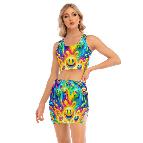 Neon Melt Two Piece Rave Skirt Set With Crop Top
