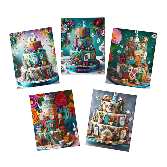 Pack of five birthday cards from the Wonderland Wishes collection, each featuring whimsical Alice in Wonderland themes including tiered cakes, a white rabbit, playing cards, and pocket watches. The designs are colorful and magical, capturing the essence of a whimsical birthday celebration in a fairy-tale style.