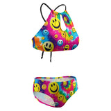 Stylish PLUR Smiles Rave Two Piece Swimsuit, featuring adjustable straps, a halter neckline, and a unique triangle bikini design with a top padded bra for comfort. Perfect for showcasing rave vibes at the pool or beach with its vibrant and body-flattering silhouette.