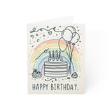 Rainbow Wishes Pride Happy Birthday Card with a vibrant, colorful design, featuring a double-sided print on 270gsm high-quality paper. Available in horizontal and vertical options, this card is perfect for celebrating LGBTQ pride and includes an envelope.