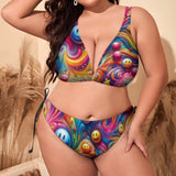 Vibrant Joyful Whirls Plus Size Rave Bikini from Prism Raves, tailored for women with adjustable straps and side ties, ensuring a snug fit for festival enthusiasts and rave-goers, highlighted by its durable, skin-friendly polyester fabric.