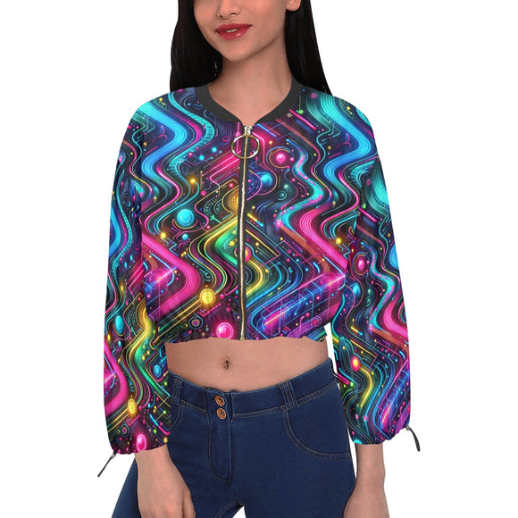 Neon Pulse Chiffon Cropped Rave Jacket for Women, a lightweight, airy addition perfect for any EDM festival, available at Prism Raves.