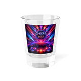 Prism Raves 'Cheers to the Beat' 1.5oz shot glass, featuring a lively and colorful design that embodies the energy of music and dance at raves and festivals.