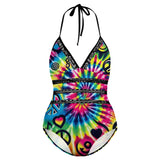 Colorful Happy Vibes Plus Size Rave One-Piece Swimsuit, perfect for festival wear and rave swimwear, highlighting its flattering design.