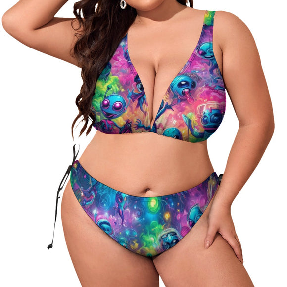 Groove Fest Plus Size Rave Bikini available on Prism Raves. This swimsuit features a colorful and stylish design with wide straps, a low waist triangle top, adjustable neck and back ties, and side-tie swim trunks, specifically tailored for plus-size bodies to ensure comfort and a perfect fit during rave and festival activities.