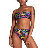Vibrant Hyper Groove Tube Top Rave Bikini featuring a colorful, psychedelic pattern perfect for EDM festivals. Strapless top accentuates the rave aesthetic, paired with low-waisted shorts for the ultimate dance-friendly swimwear ensemble.