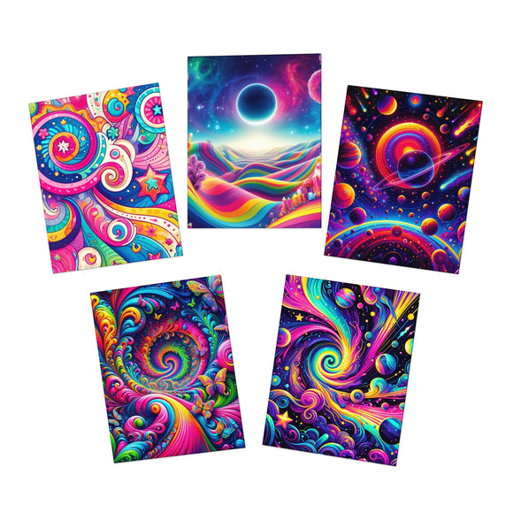 Pack of five vibrant greeting cards from Prism Raves, featuring uplifting and colorful designs perfect for spreading positivity. Each card showcases a unique, eye-catching pattern with neon colors and motivational phrases, ideal for rave and festival enthusiasts. Includes envelopes for sending love and good vibes to friends and fellow ravers.