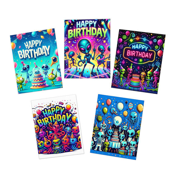 Cosmic Birthday Wishes Multi-Design Greeting Cards 5-Pack, each featuring unique celestial-themed designs and individual birthday wishes on high-quality uncoated paper. Sized at 4.25