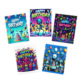 Cosmic Birthday Wishes Multi-Design Greeting Cards 5-Pack, each featuring unique celestial-themed designs and individual birthday wishes on high-quality uncoated paper. Sized at 4.25" x 5.5", these cards include matching white envelopes, perfect for sending personalized and heartfelt greetings to loved ones on their special day.