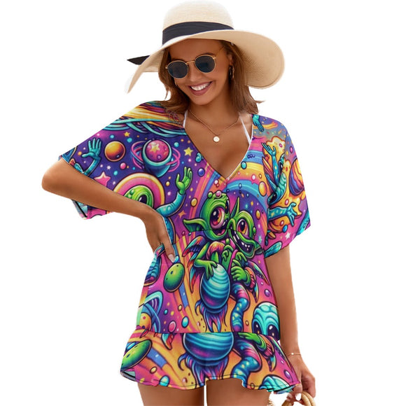 Stylish Rave Adventure Swim Cover-Up featuring vibrant, psychedelic patterns and a lightweight, flowy design, ideal for complementing your festival swimwear ensemble, available at Prism Raves.