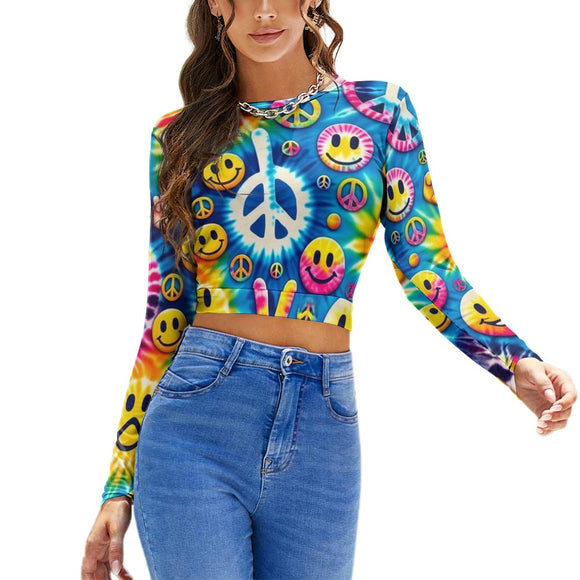 Harmony Long Sleeve Backless Rave T-Shirt showcasing a stylish crew neck crop top design with an adjustable tie at the back, made from a breathable and stretchy polyester-spandex blend, perfect for rave enthusiasts seeking comfort and chic at their next festival.