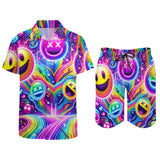 Eye-catching Neon Joy Men's Rave Two-Piece Shorts Set from Prism Raves, featuring a vivid and colorful print designed for the ultimate rave enthusiast. This set includes a comfortably fitted top and matching shorts, ideal for standing out in the crowd and staying cool during those epic festival nights.