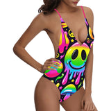 A striking Neon Drip Backless Rave One-Piece Swimsuit, showcasing a vivid array of neon colors cascading down the fabric in a drip paint effect, perfectly capturing the lively essence of rave culture. This swimsuit combines bold style with a daring backless design, ideal for festival-goers looking to stand out.