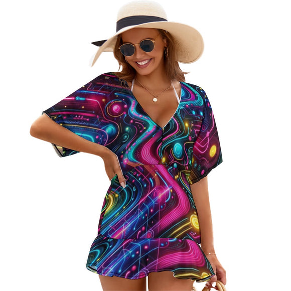 Radiant rave-goer in a Neon Pulse Swim Cover-Up, featuring a breezy chiffon fabric with a V-neck and flowing fishtail skirt, perfect for festival fashion.