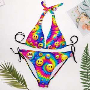 Eternal Joy Rave Plus Size Bikini featuring vibrant colors and a stylish design. The bikini has wide straps, a low waist triangle top with adjustable neck and back ties, and side-tie swim trunks, tailored for comfort and a perfect fit for plus-size ravers at any EDM festival or rave event.