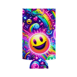 Neon Joy Slim Can Cooler from Prism Raves, featuring a vibrant design on a white exterior with a black interior, perfect for keeping 12oz slim cans chilled at raves and parties.