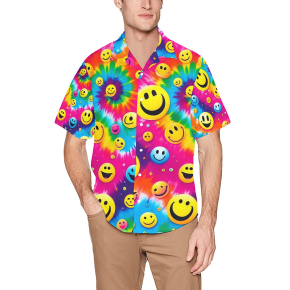 A stylish PLUR Smiles Men's Rave Hawaiian Shirt, featuring a vibrant, all-over graphic print that embodies the rave spirit of Peace, Love, Unity, and Respect. The shirt is made from a comfortable blend of 95% polyester and 5% spandex, designed with short sleeves, a V-neck, side slits, and a single chest pocket, perfect for summer festivals and casual outings.