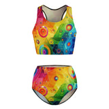 Pride Fusion High-Waist Racerback Bikini with rainbow pattern, perfect for LGBTQ summer festivals and raves, showcasing a supportive top and flattering high-waist bottoms for all body types.