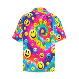 A stylish PLUR Smiles Men's Rave Hawaiian Shirt, featuring a vibrant, all-over graphic print that embodies the rave spirit of Peace, Love, Unity, and Respect. The shirt is made from a comfortable blend of 95% polyester and 5% spandex, designed with short sleeves, a V-neck, side slits, and a single chest pocket, perfect for summer festivals and casual outings.